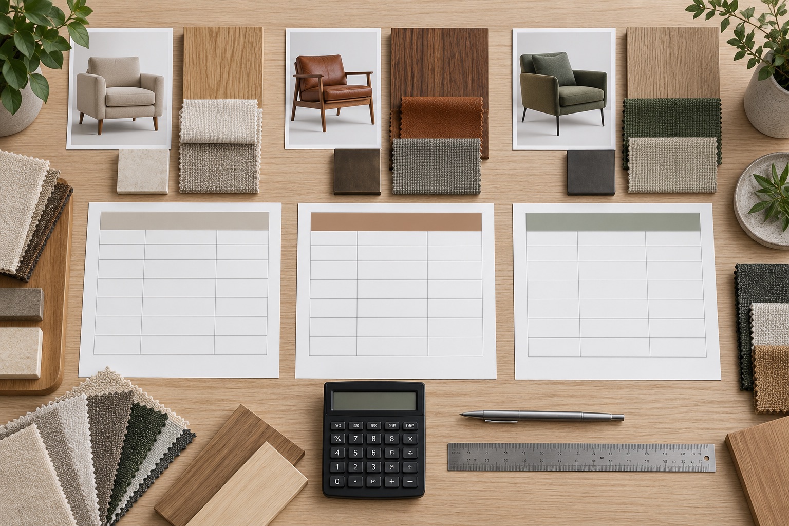 Three furniture material sets and blank quotation tables prepared for comparison