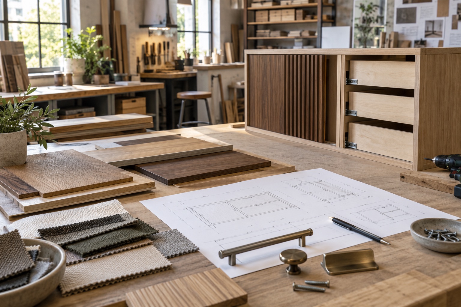 Custom cabinet prototype with drawings, wood and hardware samples