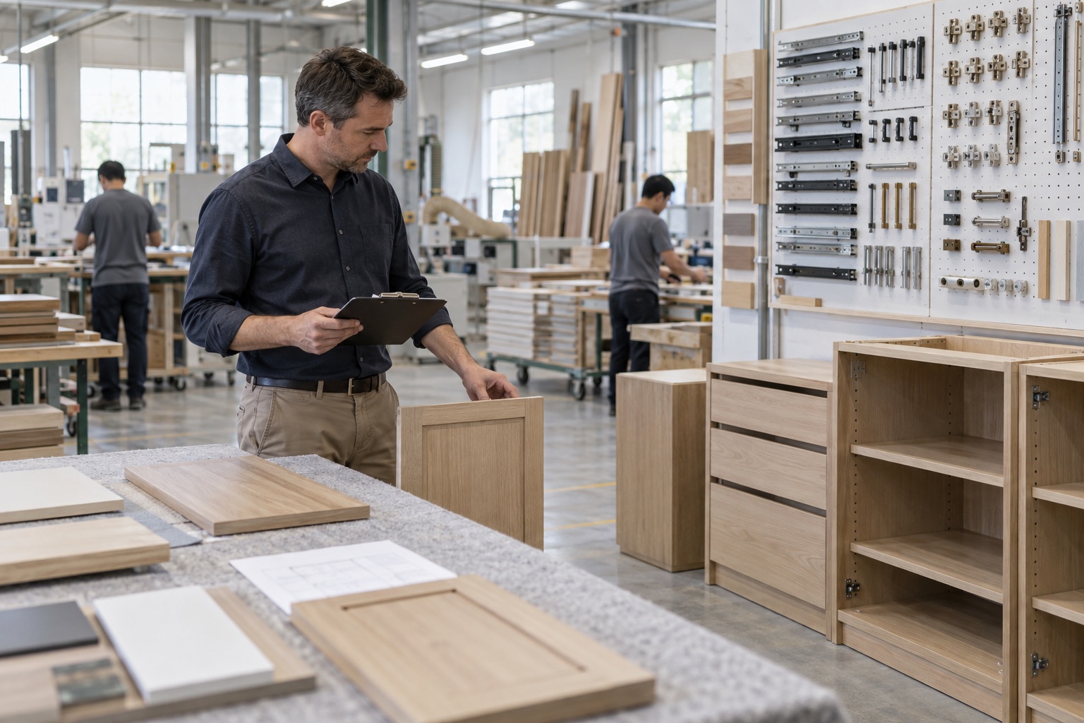 Generic workshop review of cabinet samples and organised hardware displays