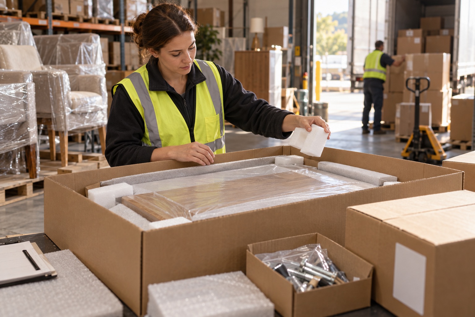 Packaging engineer checking furniture corner guards, cushioning, labels and hardware packs