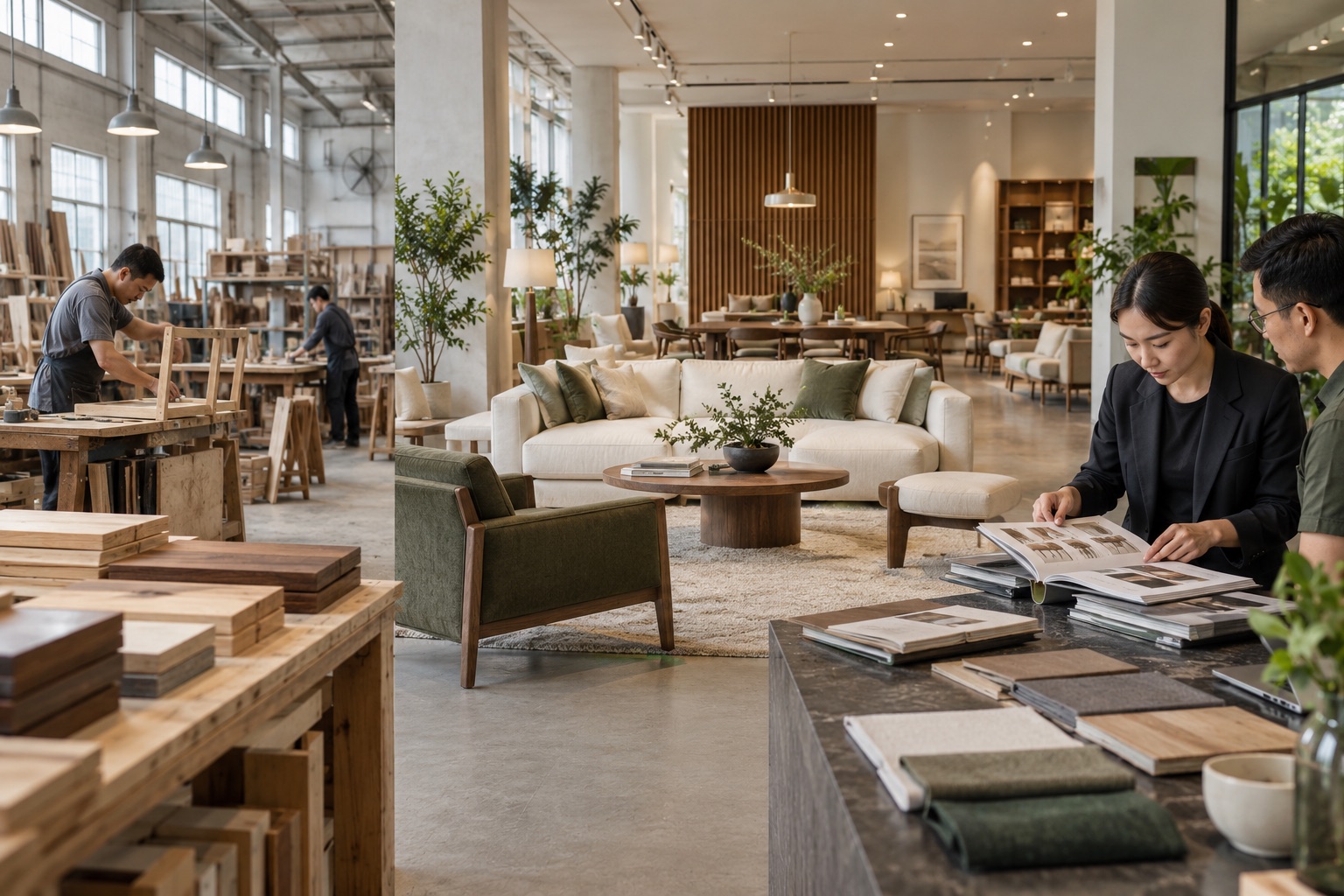 Furniture workshop, finished showroom and sourcing consultation shown in one comparison scene