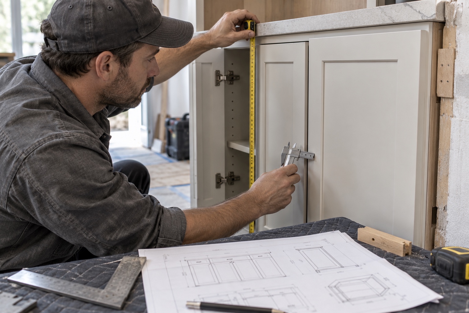 Technician using tape and callipers to compare custom furniture drawings with finished dimensions