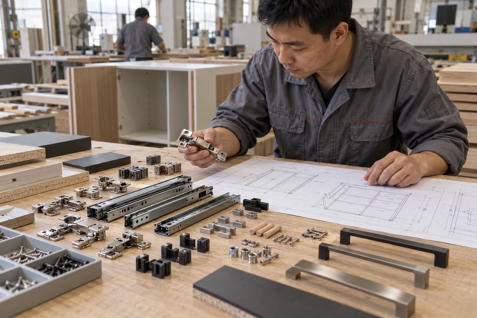 Furniture technician checking hinge, runner and connector samples against cabinet drawings