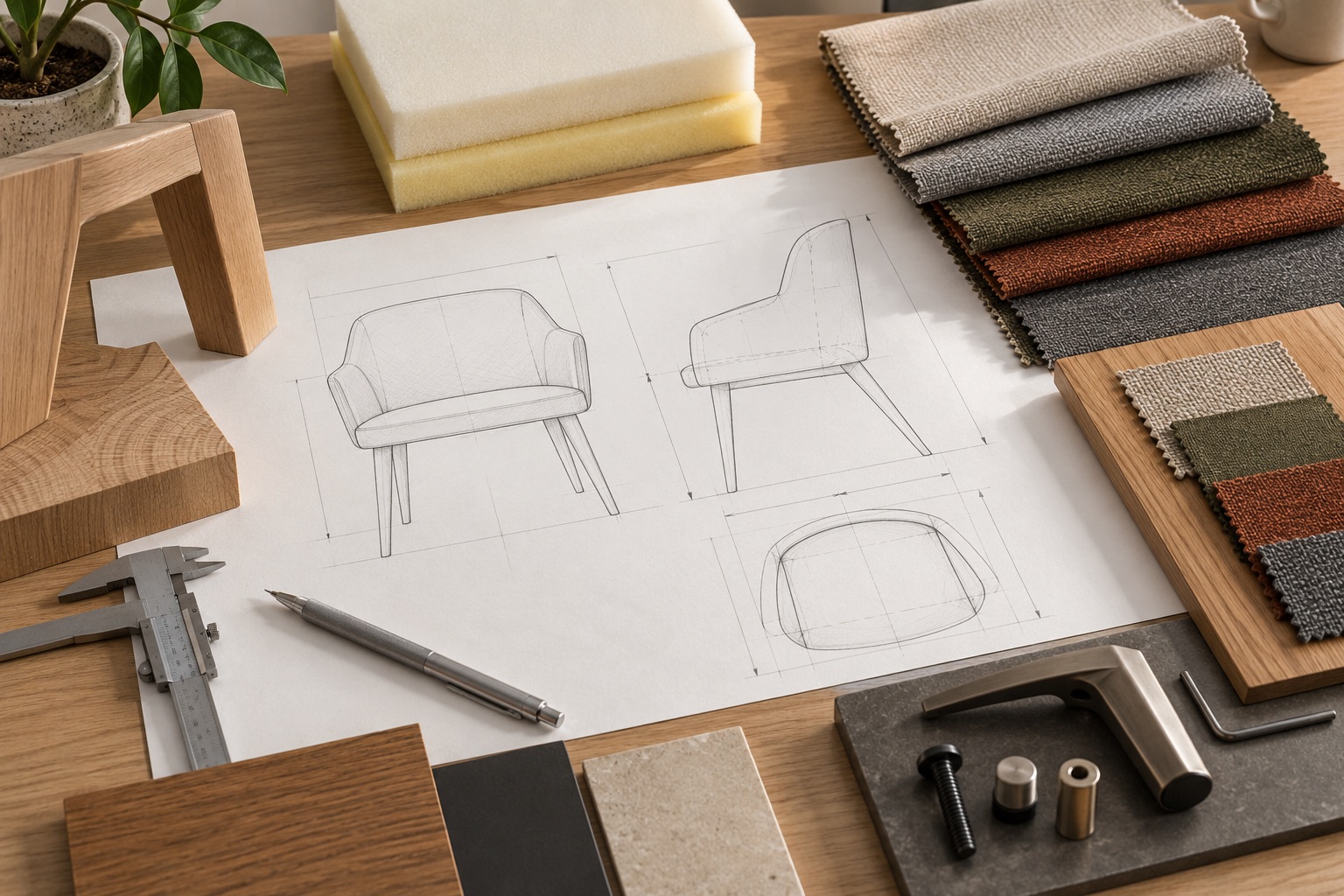 Chair technical sketch with wood, fabric, foam and hardware samples