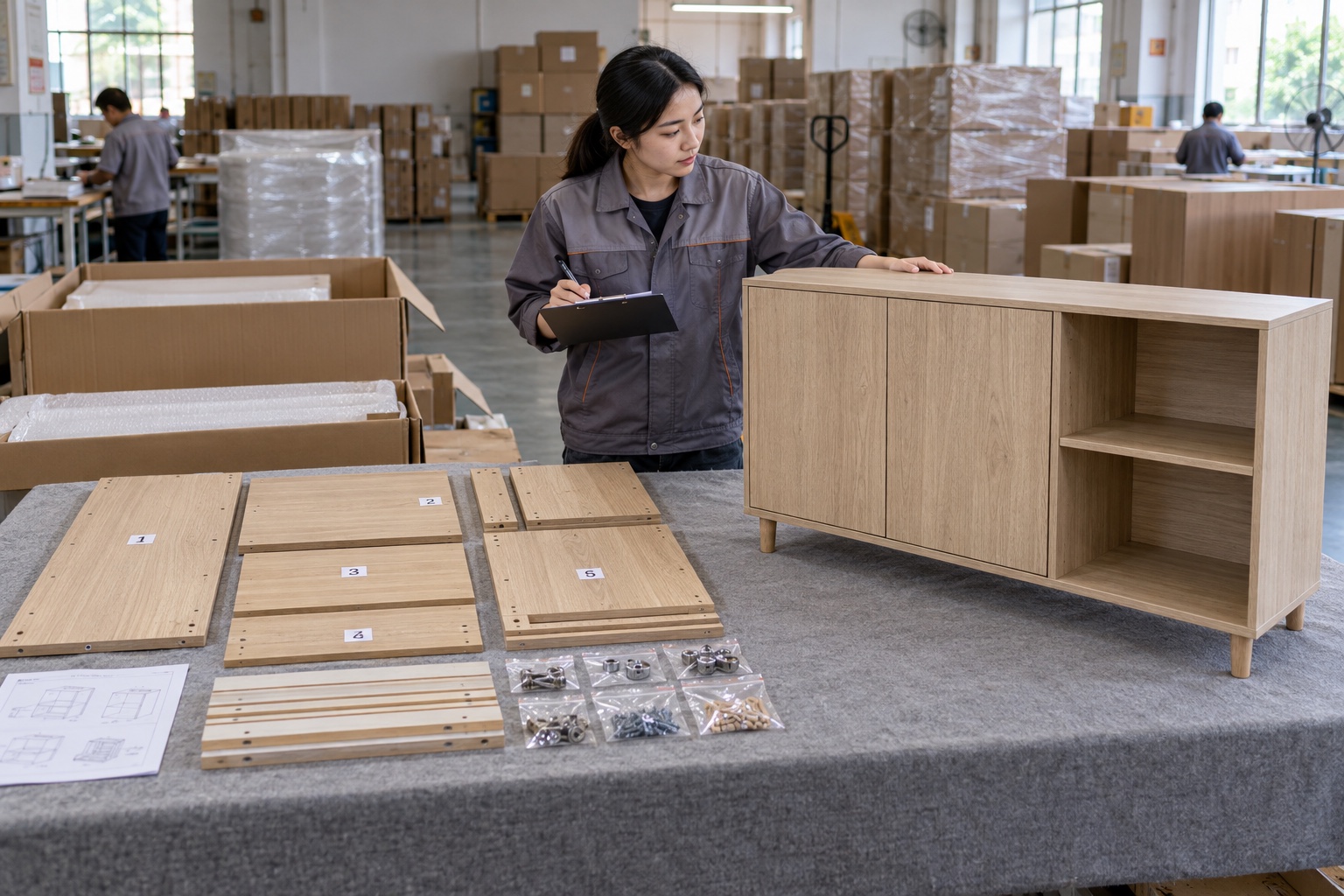 Knock-down furniture parts and hardware packs compared with a fully assembled furniture item
