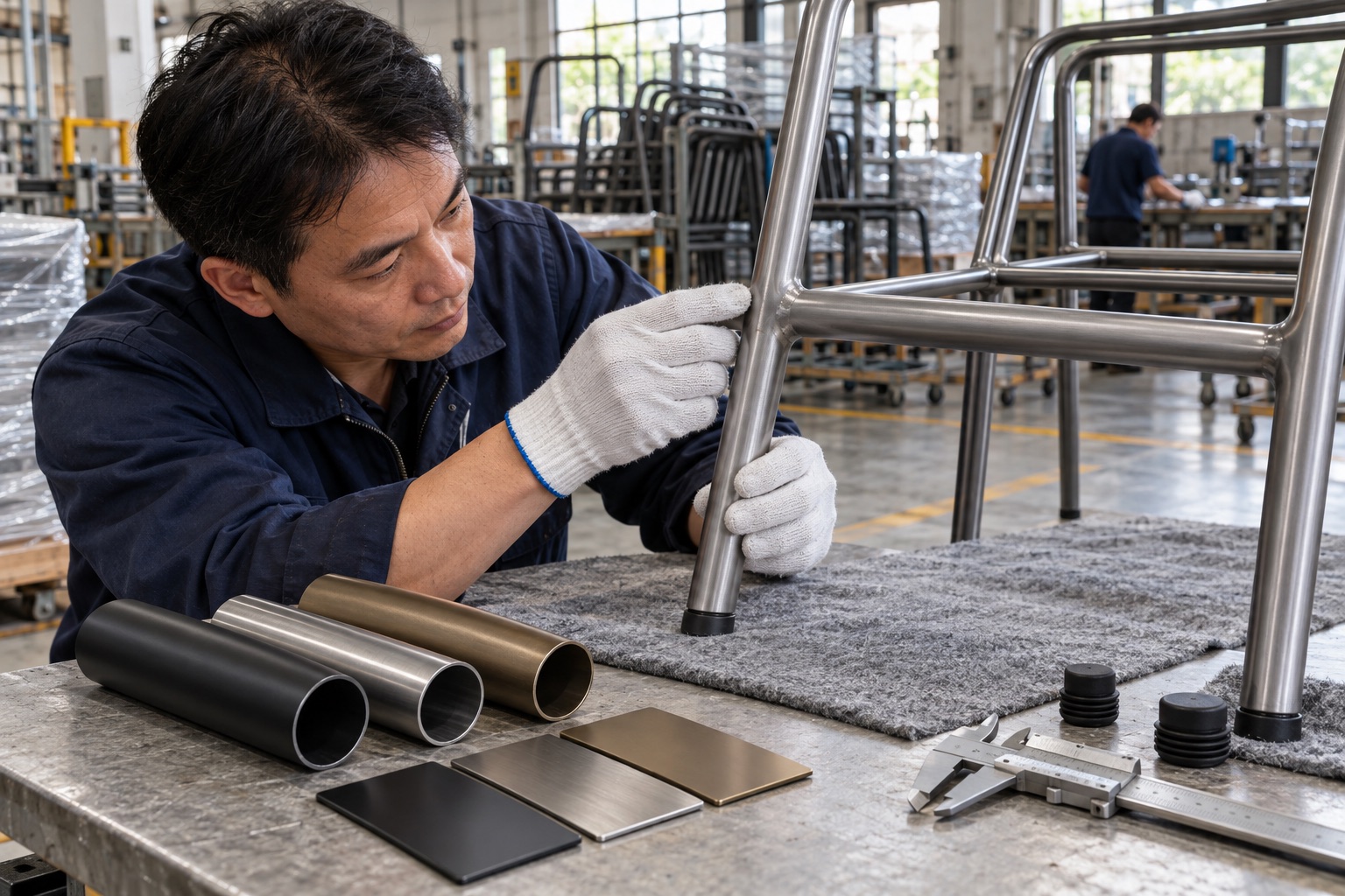 Inspector examining metal furniture sections, welds and approved finish samples