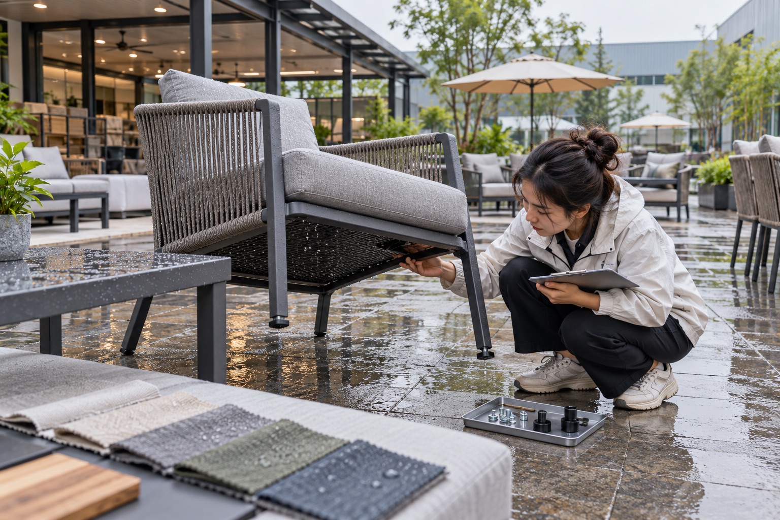 Sourcing team checking outdoor furniture frame, drainage holes, cushion fabric and fasteners