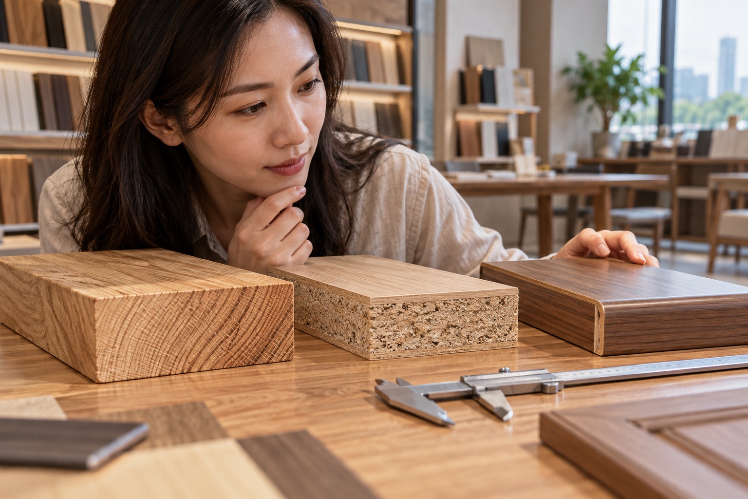 Buyer examining solid wood sections, veneer samples and engineered-board edge details