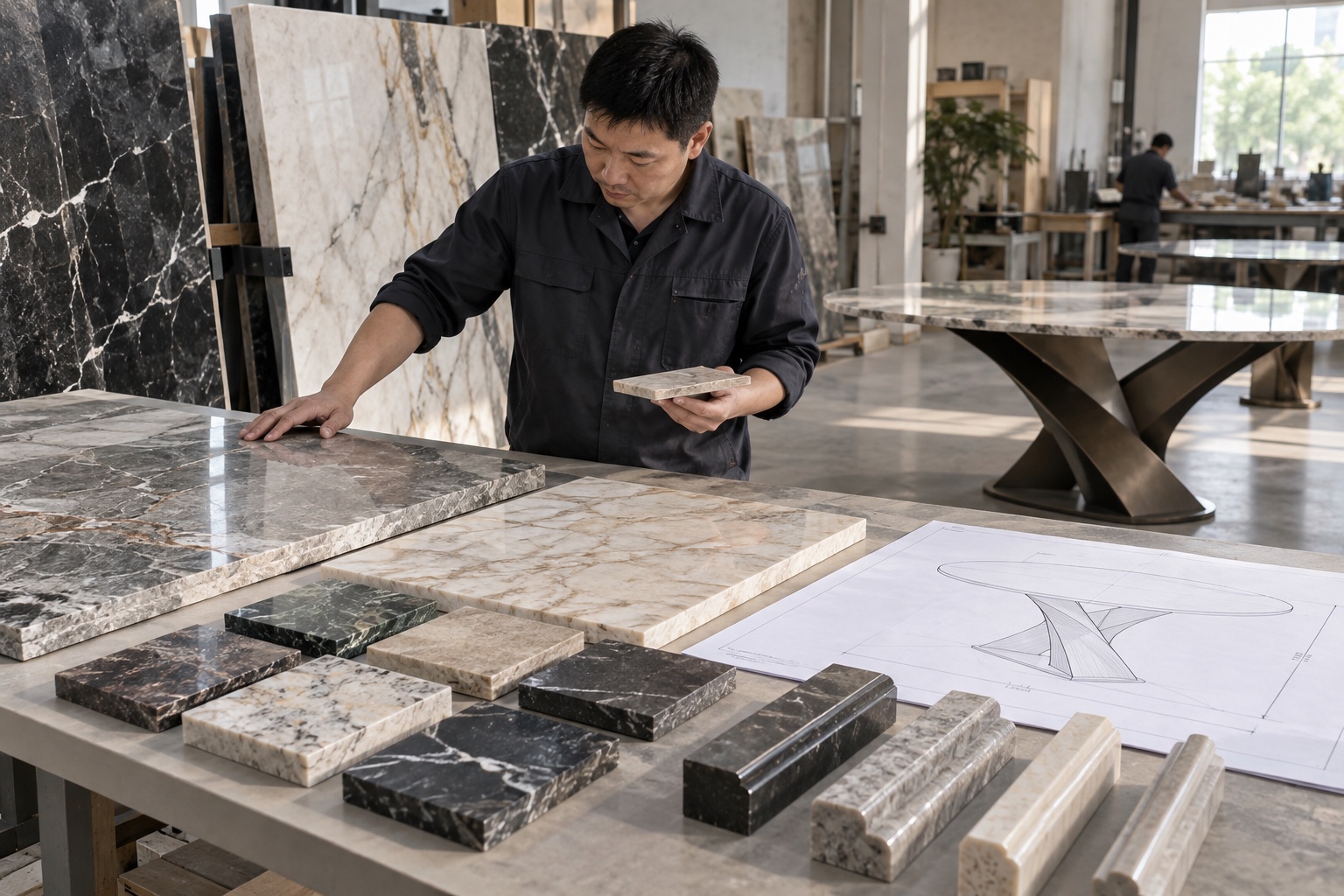 Furniture technician comparing stone top samples, edge profiles and support drawings