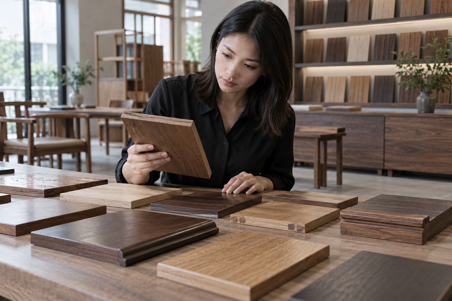 Wood finish samples arranged for grain, sheen, colour and edge comparison